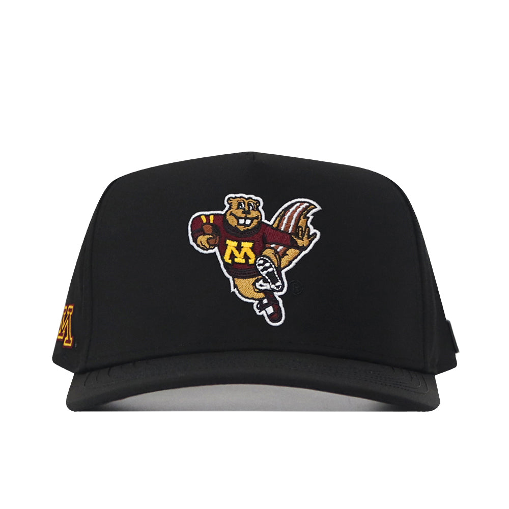 The No Rivals Minnesota Football Mascot Hat - Black showcases an embroidered cartoon gopher mascot in a maroon and gold jersey featuring a yellow M on the front. This officially licensed cap highlights the bold embroidered logo, with an additional letter M stitched on the left side. A snap back closure offers a comfortable, adjustable fit.