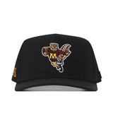 The No Rivals Minnesota Football Mascot Hat - Black showcases an embroidered cartoon gopher mascot in a maroon and gold jersey featuring a yellow M on the front. This officially licensed cap highlights the bold embroidered logo, with an additional letter M stitched on the left side. A snap back closure offers a comfortable, adjustable fit.