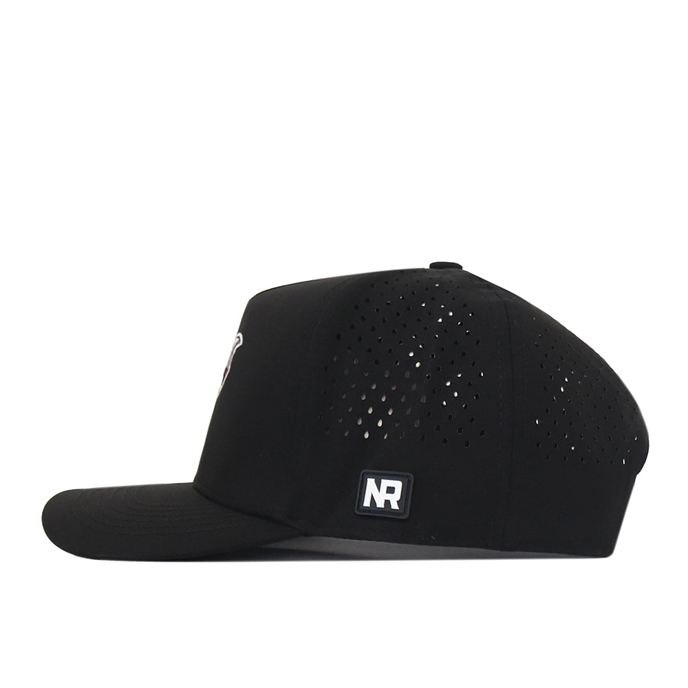 No Rivals Minnesota Football Mascot Hat in black, featuring a flat brim, side ventilation holes, and a small rectangular No Rivals embroidered logo patch on the left side. This officially licensed snapback cap is photographed from the left profile against a white background.