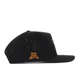 No Rivals Minnesota Football Mascot Hat in black featuring small ventilation holes, a gold and maroon embroidered M logo on the side, and a flat brim for the perfect Gameday Fit. This cap is designed with no visible adjustable strap.