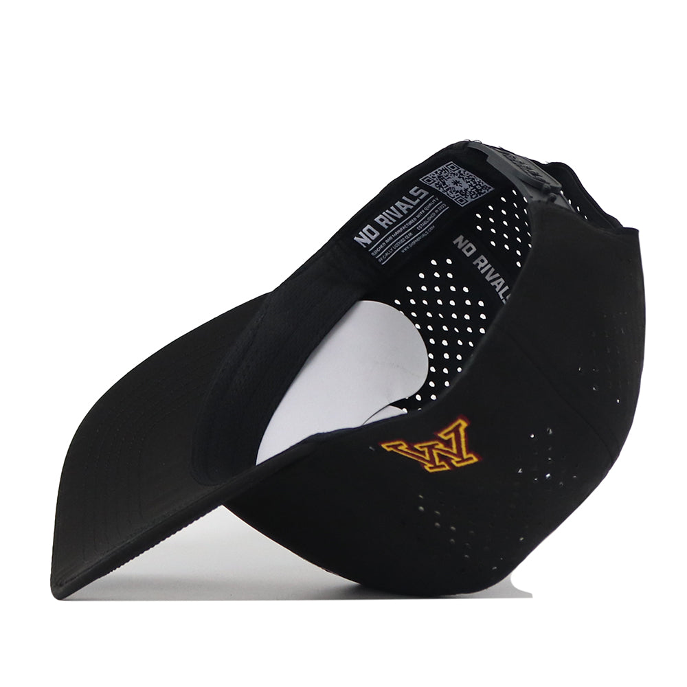 A Minnesota Football Mascot Hat - Black by No Rivals, featuring an officially licensed yellow W embroidered on the front and NO RIVALS text on the inside band. The black snap back baseball cap is displayed on its side, showcasing perforated holes.