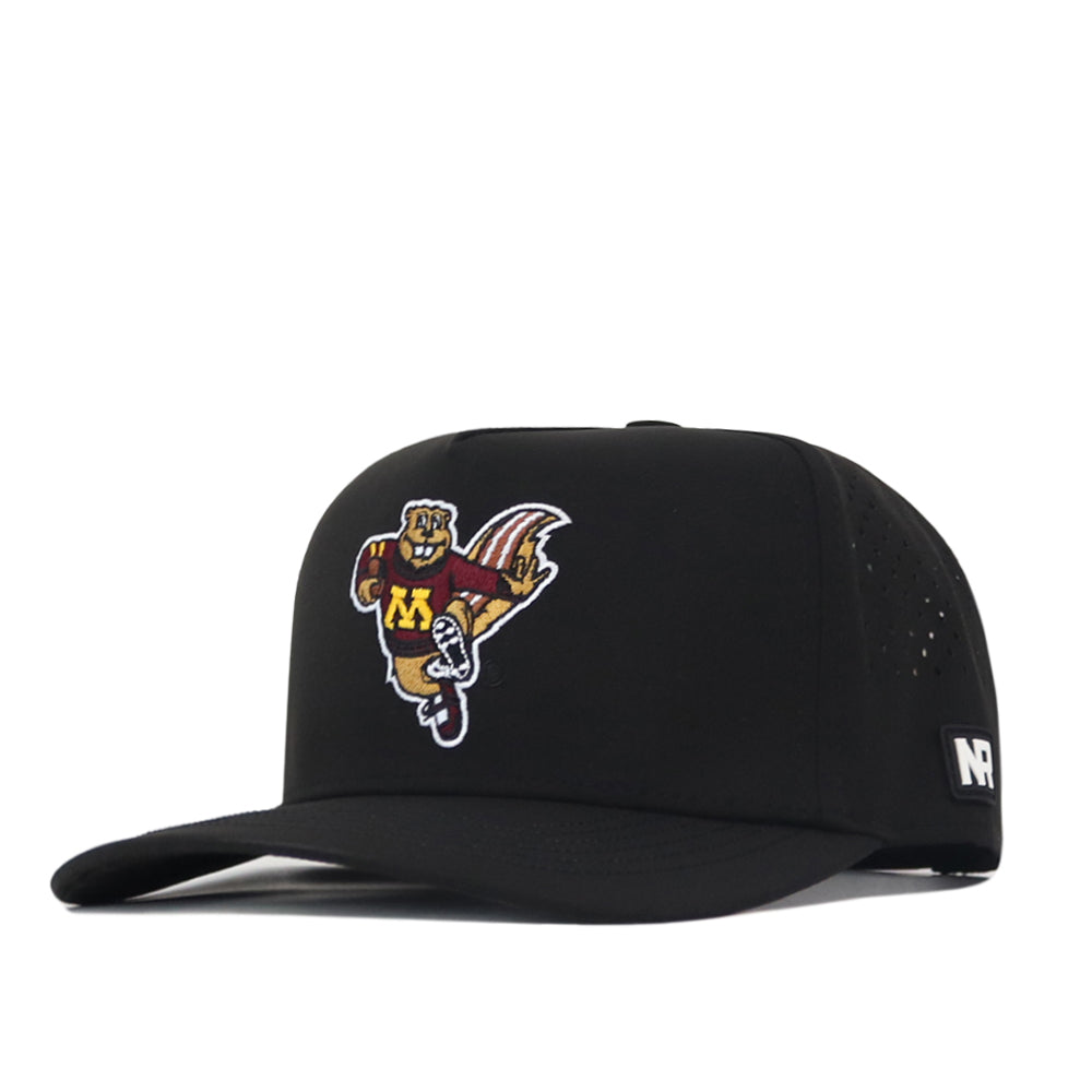 Show your team spirit with the Minnesota Football Mascot Hat - Black by No Rivals. This flat-brim cap features an embroidered golden gopher mascot in an “M” sweater on the front, a small No Rivals logo patch on the side, and a classic snapback closure—perfect for your gameday fit.