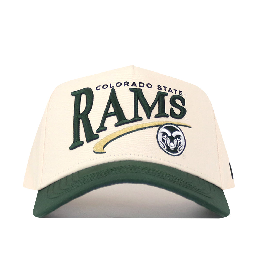 The Colorado State Rams Stride Hat by No Rivals is a beige and green snapback featuring embroidered Colorado State Rams and ram logos on the front—perfect for completing your gameday look.