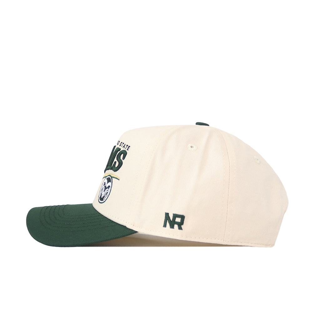 Introducing the Colorado State Rams Stride Hat by No Rivals—a cream-colored snap back with a dark green brim, detailed with embroidered logos and text on the front, plus "NR" initials stitched on the side. It’s the perfect finishing touch for your gameday fit.