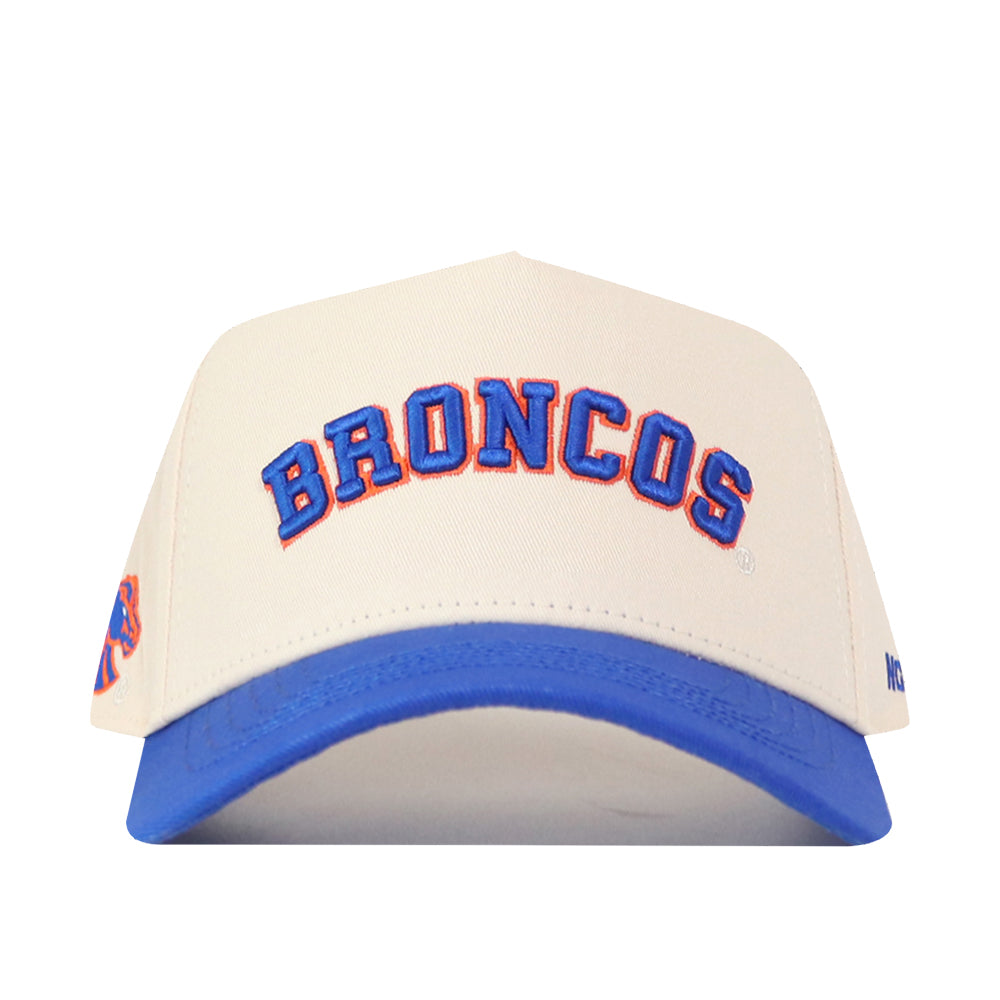 A white “Right Side Up Broncos Hat - Boise State - Classic” by No Rivals, featuring an officially licensed embroidered BRONCOS logo in blue and orange on the front, a blue brim, and a classic snapback closure.