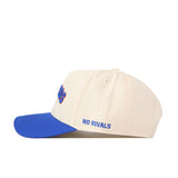 Introducing the Right Side Up Broncos Hat - Boise State - Classic by No Rivals. This cream-colored snapback features a blue brim and showcases the words "NO RIVALS" embroidered in blue above the ear. The cap is finished with a stylish, partially visible front logo for an on-trend look.