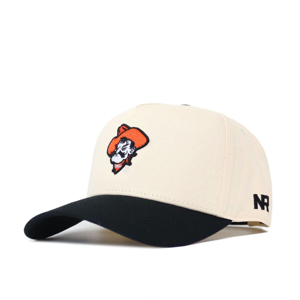 The OSU Pistol Pete Patch Hat - Classic Black by No Rivals is a structured cotton cap with a black brim, featuring an embroidered cartoon cowboy face in an orange hat on the front and NR initials on the side, plus a snap back closure.