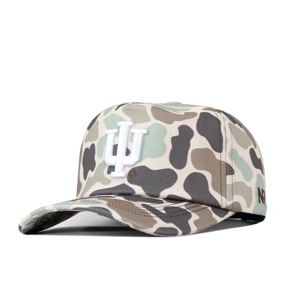 The No Rivals Indiana Hoosiers Huntsman Hat is a camouflage baseball cap with a structured fit, made from high-quality cotton, featuring a white IU logo on the front and a slightly curved brim.