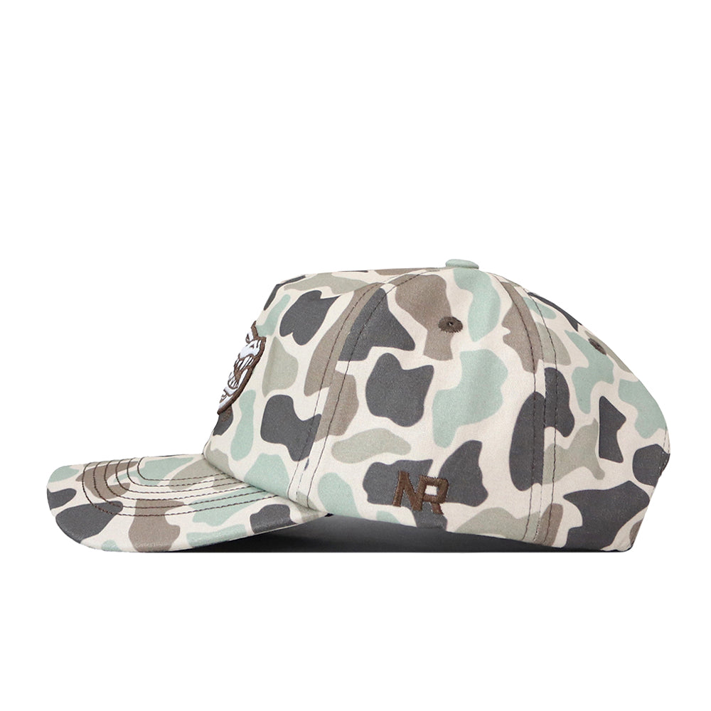 The Florida Gators Huntsman Hat by No Rivals is displayed in a side view, featuring a camouflage pattern in muted green, brown, and beige hues. Made from high quality cotton with a structured fit, this snapback cap highlights detailed stitching and an NR logo embroidered on the side.