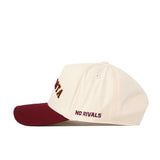 Introducing the Right Side Up Minnesota Hat - Classic by No Rivals: a cream snapback cap with a maroon brim and an embroidered NO RIVALS logo in maroon above the ear on the side. This stylish design offers both comfort and a contemporary look.