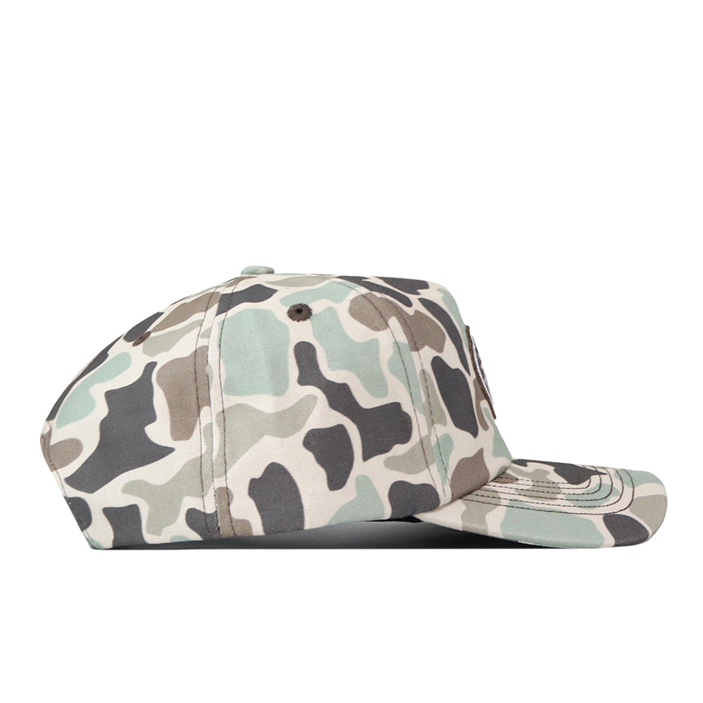 Side view of the No Rivals Florida Gators Huntsman Hat, a snap back baseball cap featuring a green, beige, and black camouflage pattern, crafted from high-quality cotton for comfortable wear and a structured fit, displayed on a plain white background.