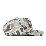 Side view of the No Rivals Florida Gators Huntsman Hat, a snap back baseball cap featuring a green, beige, and black camouflage pattern, crafted from high-quality cotton for comfortable wear and a structured fit, displayed on a plain white background.