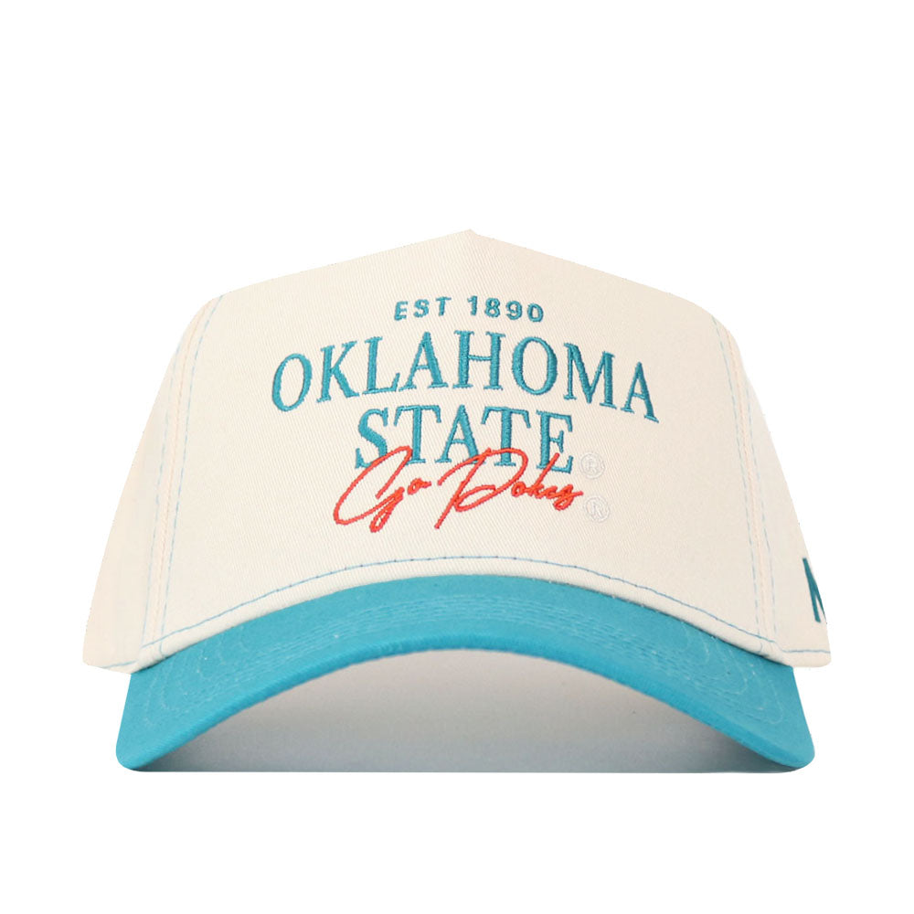 The No Rivals OSU N7 Vintage Hat (B2B) is a white and teal cotton baseball cap with "EST 1890 OKLAHOMA STATE Go Pokes" in teal and red on the front, plus a snapback closure for an adjustable fit.