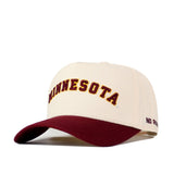 Introducing the Right Side Up Minnesota Hat - Classic by No Rivals. This cream baseball cap features a maroon brim and an embroidered "MINNESOTA" logo in maroon letters with gold trim across the front. The side of the cap is detailed with small maroon text, and its snapback design ensures a comfortable fit.