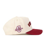 The No Rivals College of Charleston | Upside Down Cougars Hat - Classic features a cream color with a maroon brim, a snapback closure, “Charleston” embroidered on the front, and a large C logo on the side.