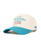 The No Rivals OSU N7 Vintage Hat (B2B) is a cream cotton structured baseball cap with a teal brim, teal Oklahoma State text, red cursive front detail, "NR" in teal on the side, and a snapback closure for adjustable fit.