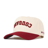 Show your school spirit with a twist in the College of Charleston | Upside Down Cougars Hat - Classic by No Rivals—a stylish cream and maroon snapback with “COUGARS” embroidered upside down on the front and “NO FUN” stitched on the side of the brim.