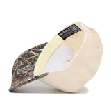 The No Rivals OSU Pistol Pete Camo Hat - Connector Edition features a beige snapback with a camo-patterned brim, shown upside down to reveal its inner label and QR code. Made from high quality cotton for lasting comfort.