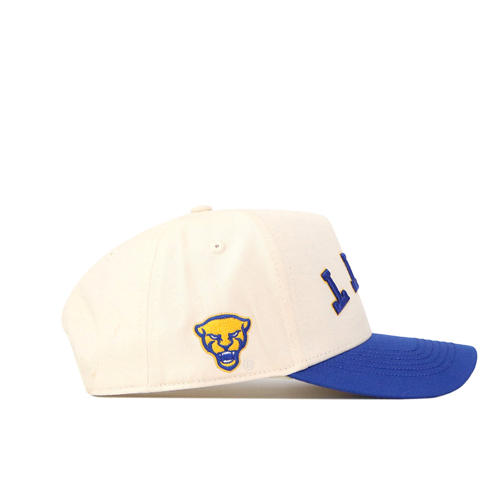 Introducing the Pittsburgh Panthers Upside Down Pitt Hat - Classic by No Rivals: a cream-colored snapback featuring a blue brim, embroidered blue “Pitt” lettering, and a yellow panther head logo on the side. This timeless design blends sporty flair with true team pride.