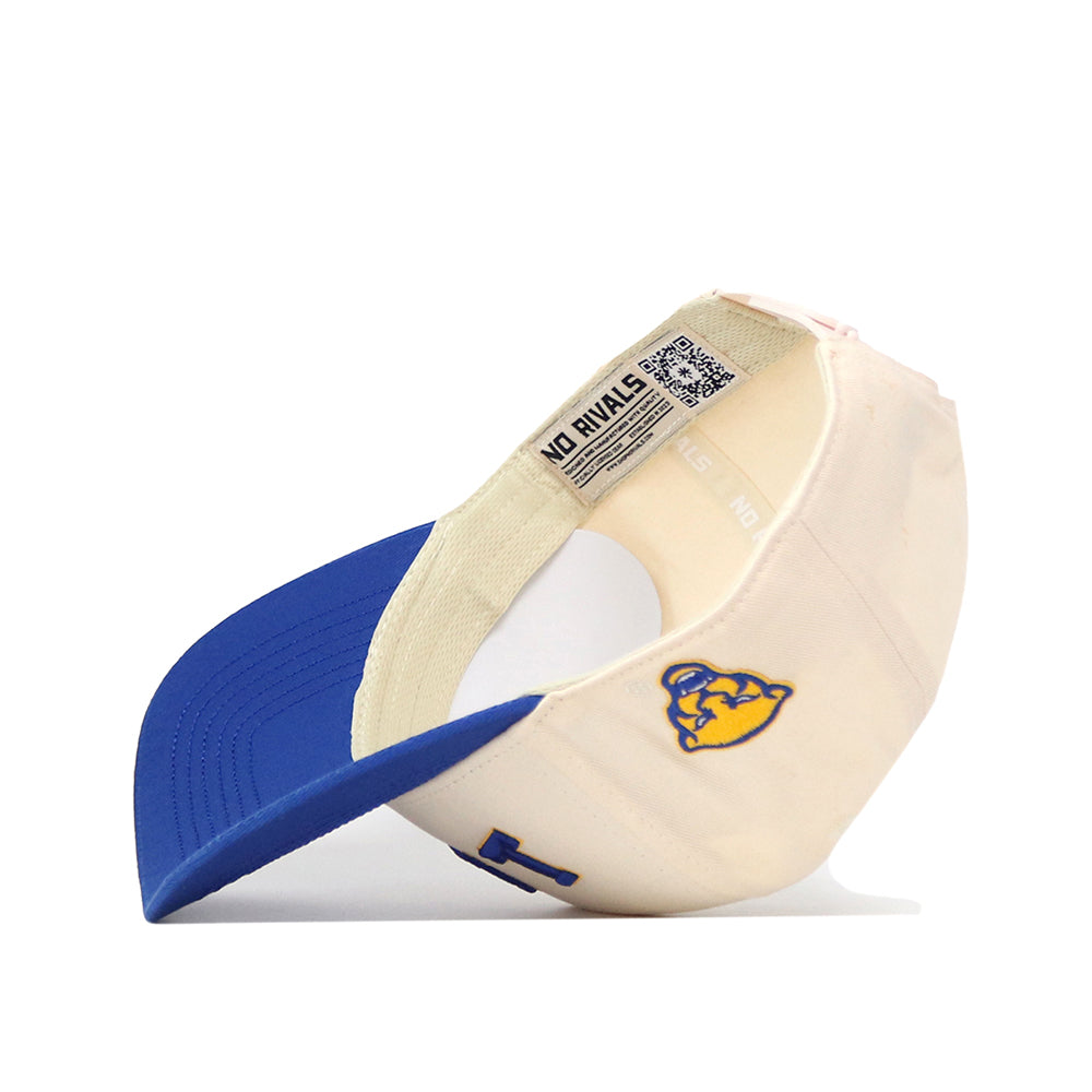 Showcased from the back to reveal its classic snapback design, inside headband, and tag, the No Rivals Pittsburgh Panthers Upside Down Pitt Hat - Classic features a cream crown, blue brim, and a distinctive yellow and blue bear logo on the side.