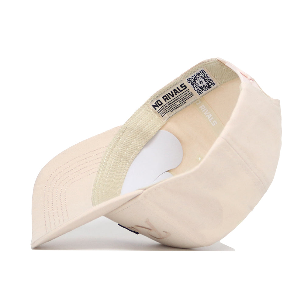 The Arkansas Stacked Hat by No Rivals is a beige snapback shown upside down, revealing the inner band with NO RIVALS and a QR code. It features a structured fit, stitched visor lines, and is crafted from high-quality cotton.
