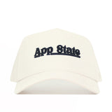 The No Rivals App State Sideline Hat is a white baseball cap with "App State" embroidered in black on the front and a structured fit for lasting shape and style.