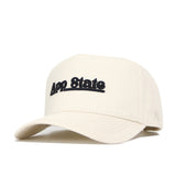 The No Rivals App State Sideline Hat is a cream snapback with "App State" in black embroidery, made from high-quality cotton. It features a curved brim and structured fit for classic style and comfort.