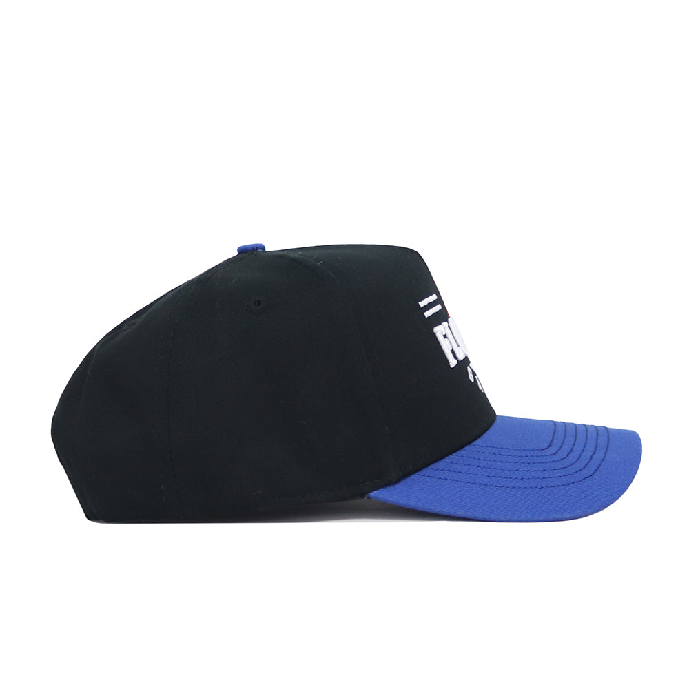 The No Rivals Florida Tailgate Hat is a black structured-fit baseball cap with a blue curved brim, shown from the side on a white background. White text appears on the front panel, highlighting its high-quality cotton design.