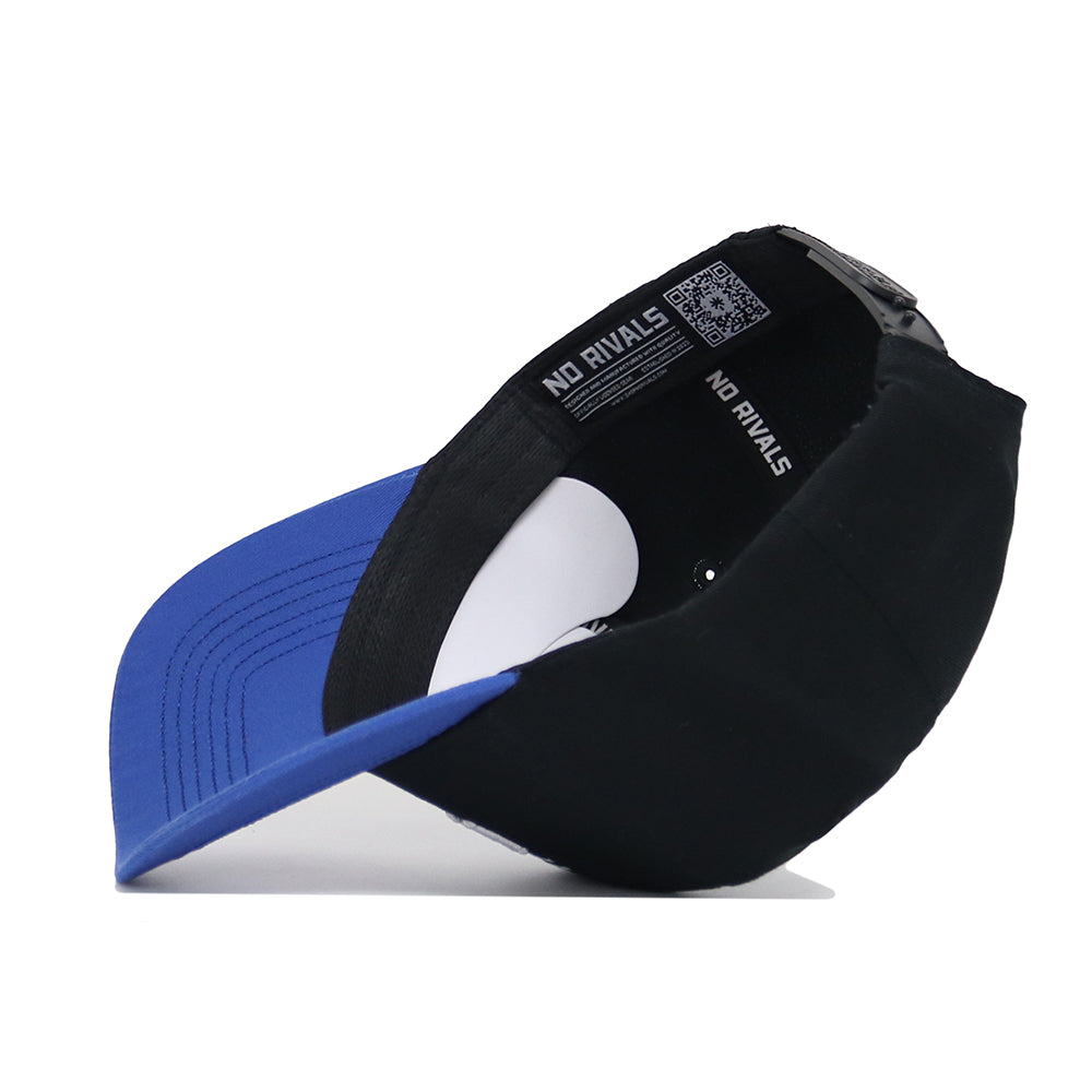 The Florida Tailgate Hat by No Rivals is shown upside down, displaying the inner NO RIVALS tag. This black and blue snapback features a curved blue brim, adjustable back strap, and structured fit for comfort.