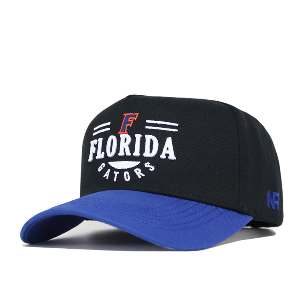 The No Rivals Florida Tailgate Hat is a structured-fit black baseball cap with a blue brim, made from high-quality cotton. It features "Florida Gators" embroidered in white and orange, "NF" on the side, and a classic snapback closure.