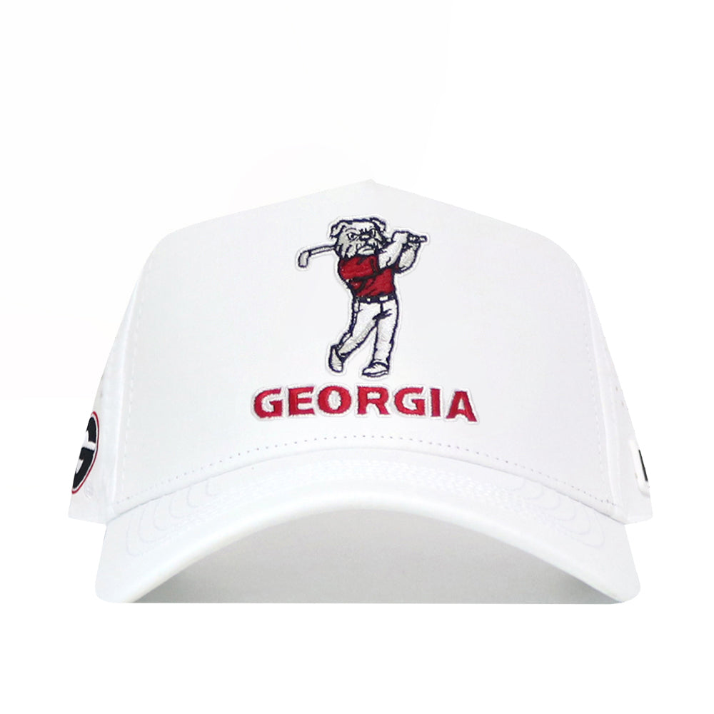 The No Rivals Georgia Bulldogs Golf Hat in white features an embroidered bulldog swinging a golf club above red "GEORGIA" text, a side circular logo, and a structured snapback fit in a comfortable polyester-cotton blend.