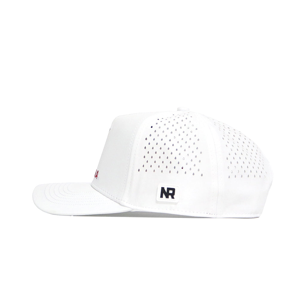 A side view of the Georgia Bulldogs Golf Hat in white by No Rivals, with back ventilation holes, an NR logo patch near the back, and a structured fit from its durable polyester-cotton blend.