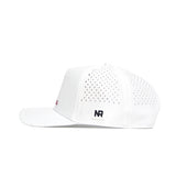 A side view of the Georgia Bulldogs Golf Hat in white by No Rivals, with back ventilation holes, an NR logo patch near the back, and a structured fit from its durable polyester-cotton blend.