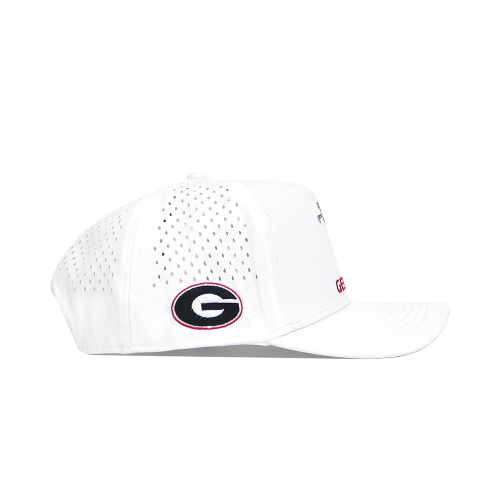 The No Rivals Georgia Bulldogs Golf Hat in white features perforated side panels for ventilation, a structured fit, a polyester-cotton blend, and the University of Georgia G logo embroidered in black, white, and red on the side.