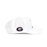 The No Rivals Georgia Bulldogs Golf Hat in white features perforated side panels for ventilation, a structured fit, a polyester-cotton blend, and the University of Georgia G logo embroidered in black, white, and red on the side.