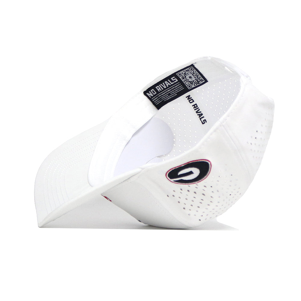 The Georgia Bulldogs Golf Hat by No Rivals is a white, structured-fit sports cap with perforated sides, a black No Rivals label inside, a University of Georgia G logo on the side, and made from a soft polyester-cotton blend.