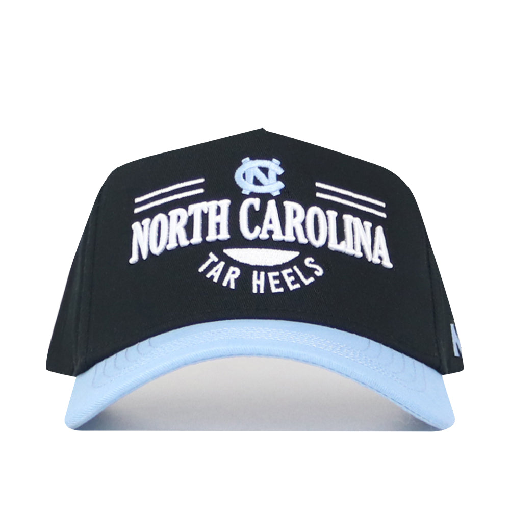 The No Rivals North Carolina Tailgate Hat is a black snapback with a light blue brim, featuring the NC Tar Heels logo and text embroidered in white and light blue, crafted from quality cotton for a structured fit.