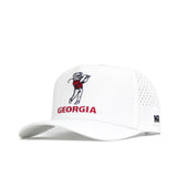 The Georgia Bulldogs Golf Hat - White by No Rivals is a structured snapback with "GEORGIA" in red, a bulldog mascot swinging a golf club, side ventilation holes, an NR logo on the brim, and crafted from a polyester-cotton blend.