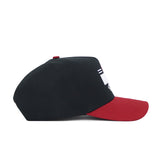 The No Rivals Indiana Tailgate Hat, a black snapback made of high-quality cotton with a red brim and structured fit, is shown in profile view facing right on a plain white background.