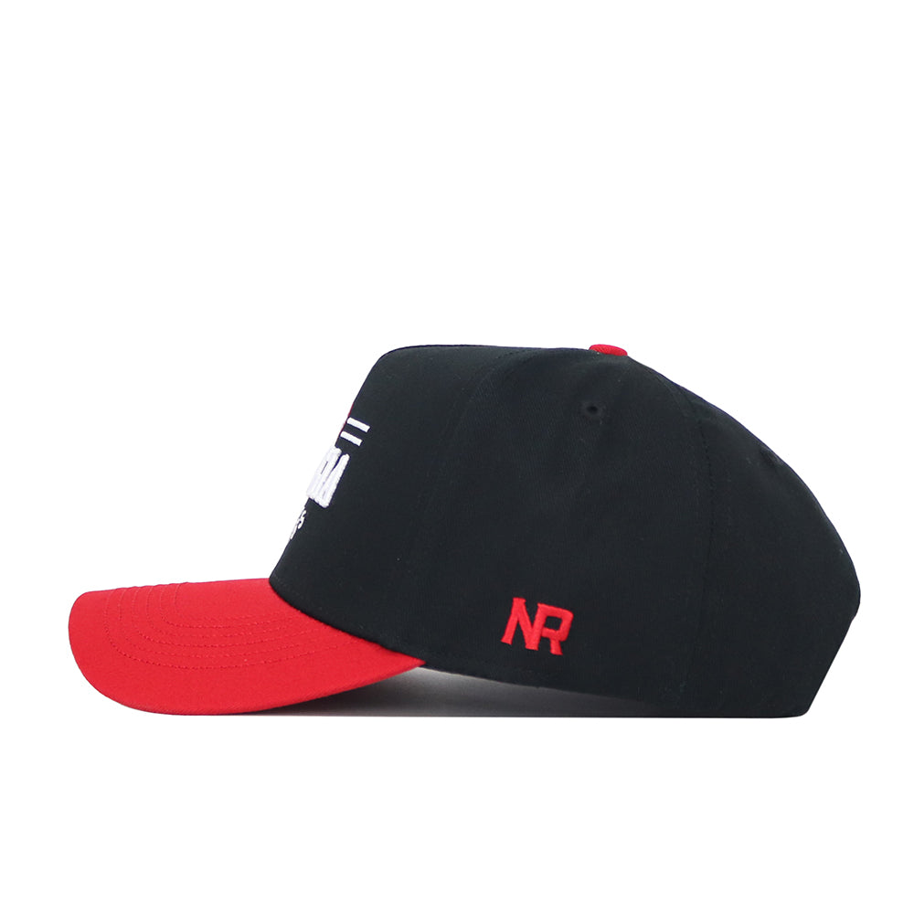 The No Rivals Georgia Tailgate Hat is a black snapback cap with a red brim and embroidered NR letters on the side, made from high-quality cotton and shown in a structured side profile on a white background.