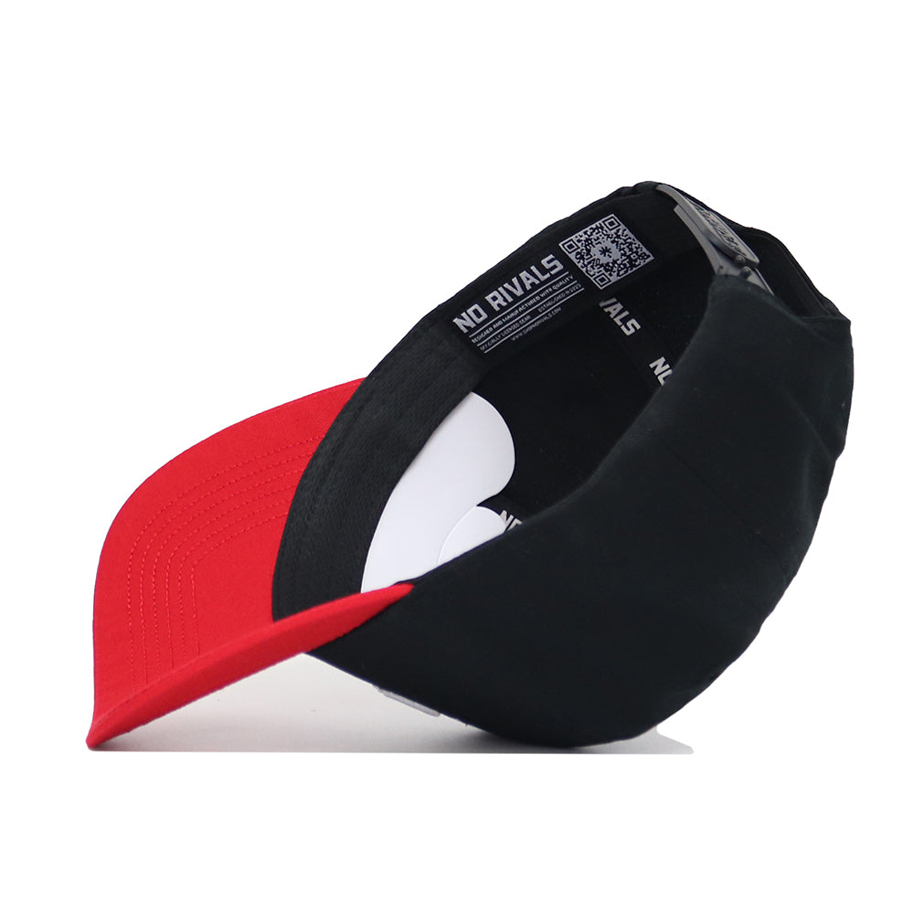 The Georgia Tailgate Hat by No Rivals is shown upside down, revealing its inner label and QR code. Featuring a red brim and black structured fit, this snapback hat delivers comfort and style.