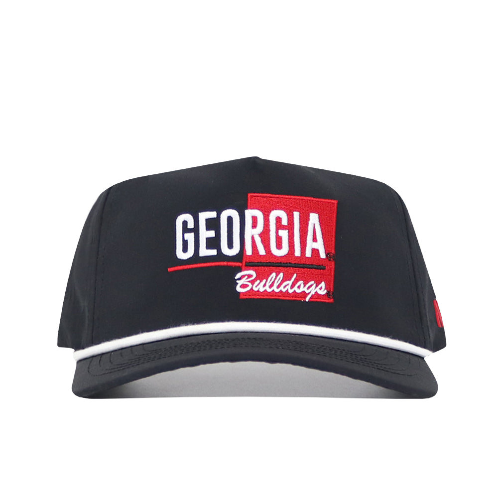 The No Rivals Georgia Varsity Hat is a black nylon baseball cap with a white and red embroidered GEORGIA Bulldogs patch, a white accent stripe above the brim, and an adjustable snap back for the perfect fit.
