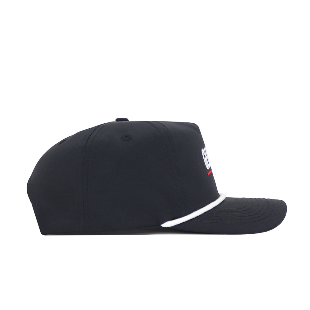 The No Rivals Georgia Varsity Hat is a black nylon baseball cap with a white brim trim, viewed from the side, and finished with a small top button.