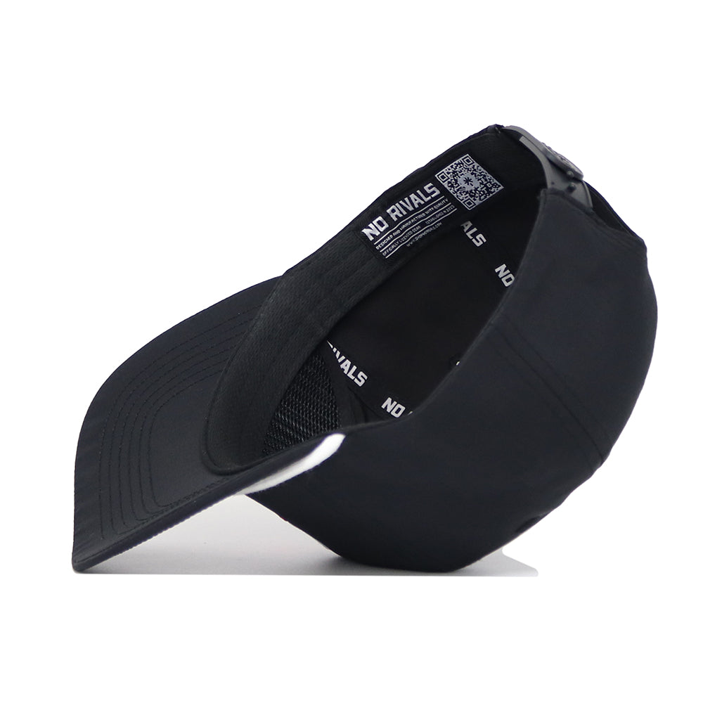 The Georgia Varsity Hat by No Rivals is a black baseball cap with a curved bill, snap back adjustment, and inner label featuring the NO RIVALS logo and a QR code.