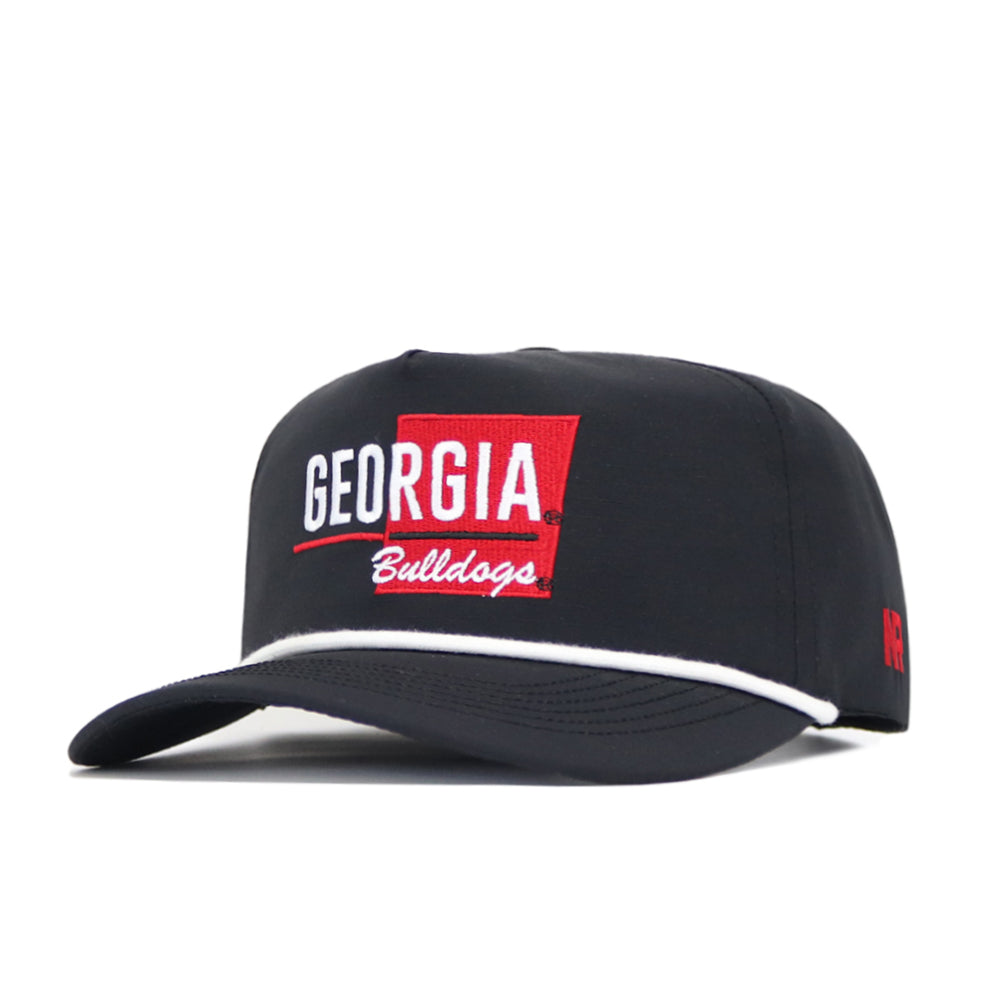 The Georgia Varsity Hat by No Rivals is a black baseball cap with GEORGIA Bulldogs embroidered in white and red, white brim accent, red side lettering, and a snap back closure for an adjustable fit.