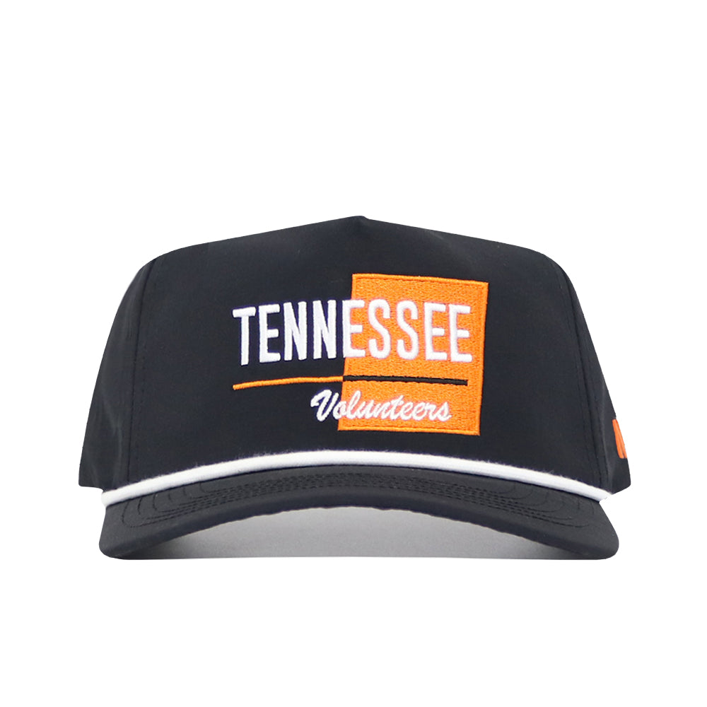 The No Rivals Tennessee Varsity Hat is a black snapback made of durable nylon, with “TENNESSEE Volunteers” in white and orange embroidery, an orange rectangle, and a white trim above the brim.