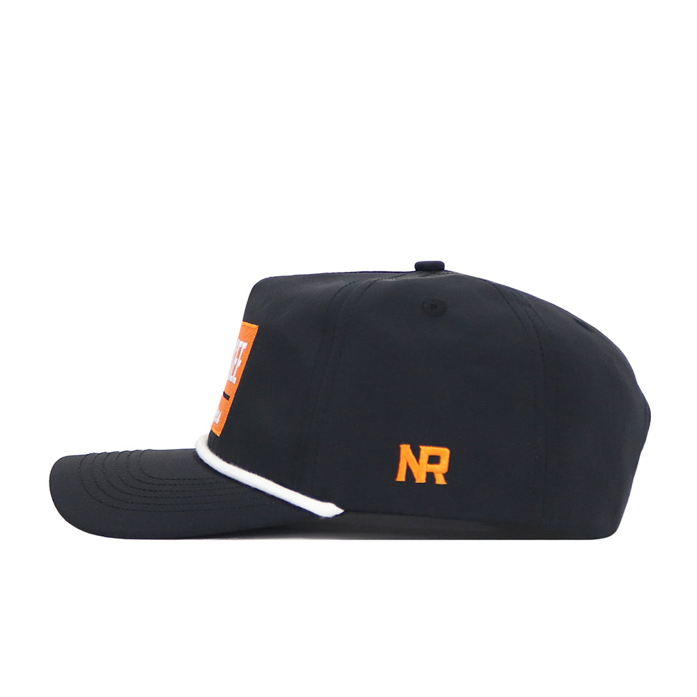 The Tennessee Varsity Hat by No Rivals is a black baseball cap with white trim on the brim and orange embroidered NR letters on the side, shown in a side profile view. Features an officially licensed design for authenticity.