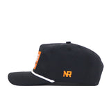 The Tennessee Varsity Hat by No Rivals is a black baseball cap with white trim on the brim and orange embroidered NR letters on the side, shown in a side profile view. Features an officially licensed design for authenticity.