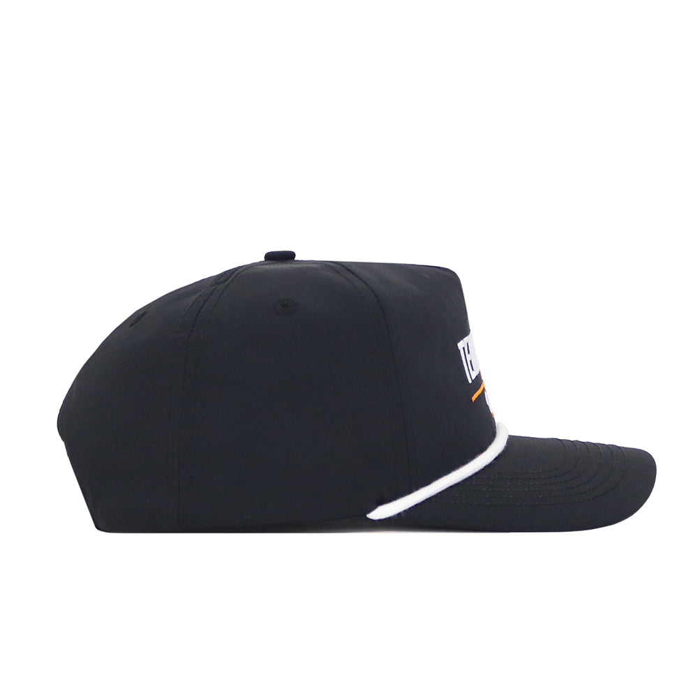 The Tennessee Varsity Hat by No Rivals is a black nylon snapback baseball cap with a white trim on the brim and a top button, offering both style and comfort.