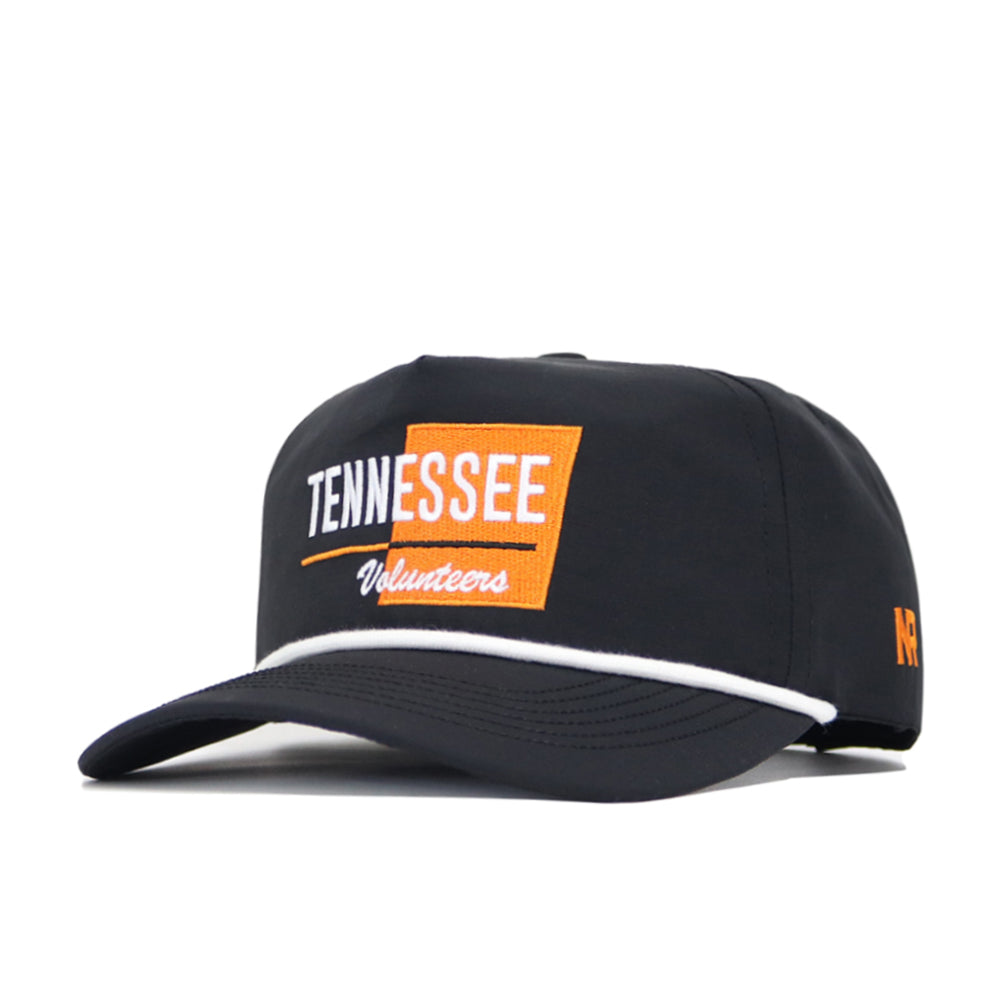 The No Rivals Tennessee Varsity Hat is a black nylon baseball cap with a white and orange "Tennessee Volunteers" patch on the front, snap back closure, and crisp white brim trim.